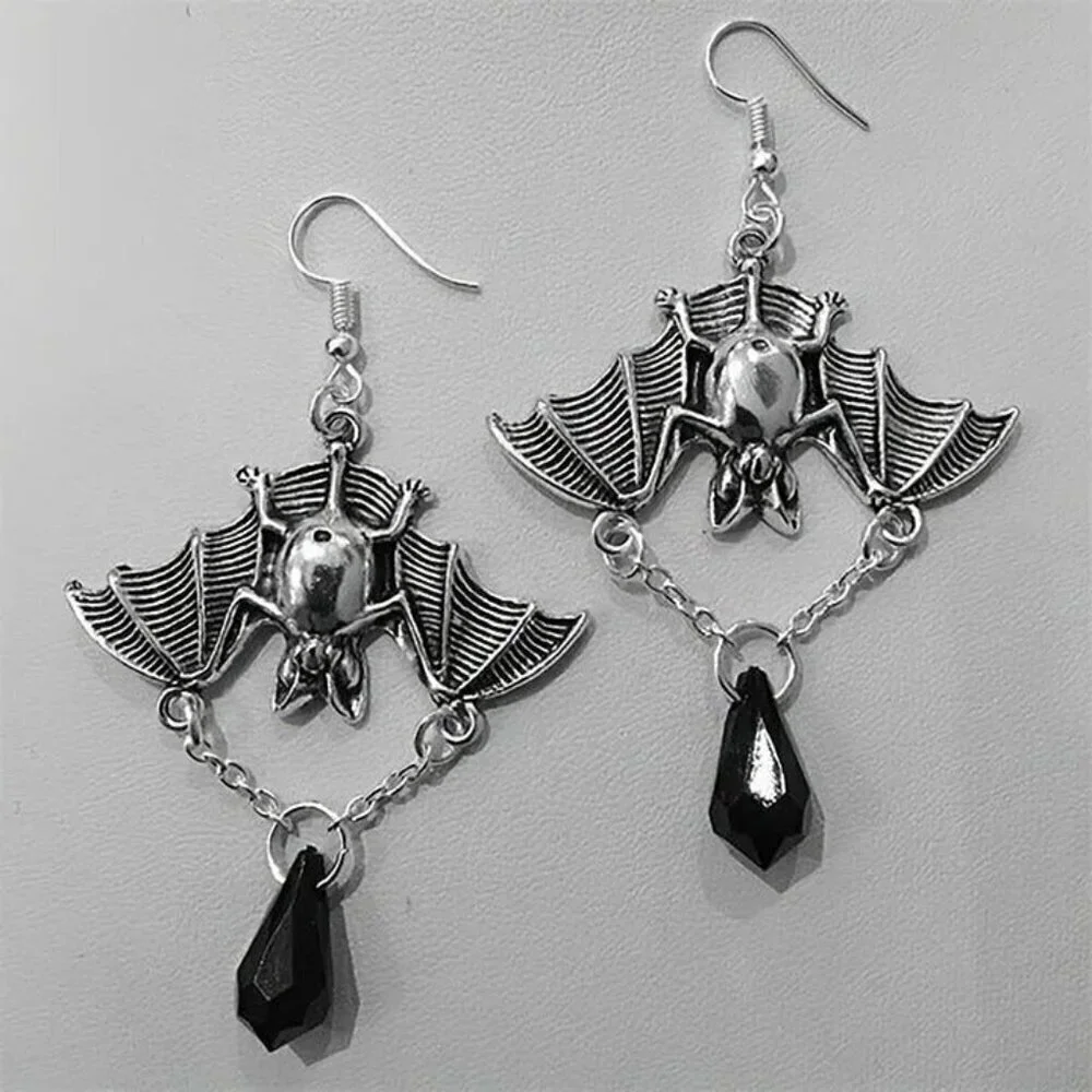 Silver Vampire Bat Black Hanging Teardrop Crystal Goth Chain Dangle Earrings